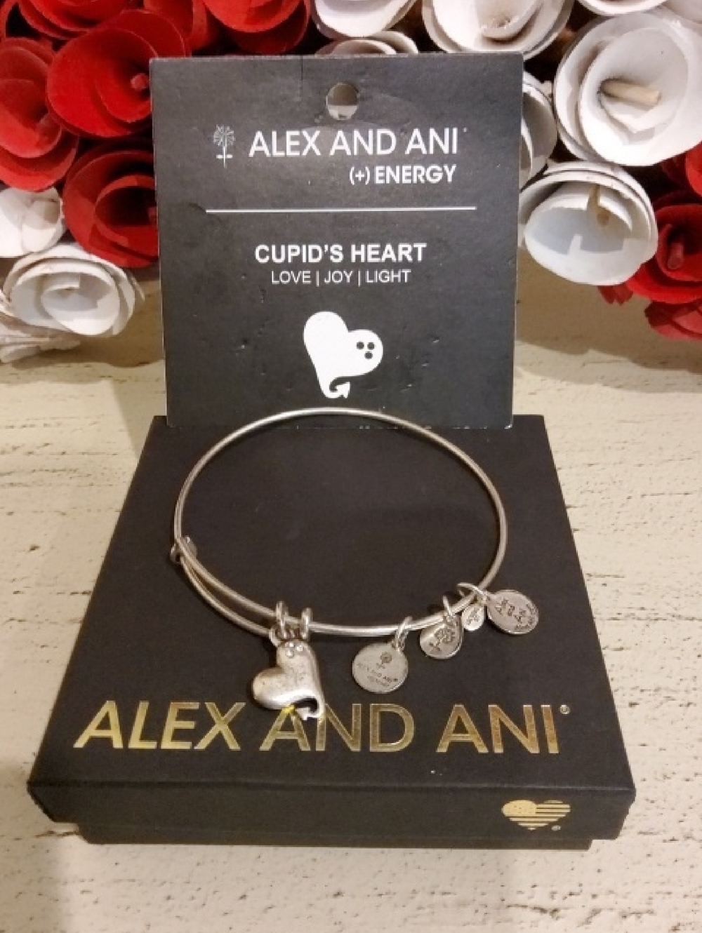 Alex and Ani Silver-Tone Cupid Heart Charm Bangle with Signature Discs